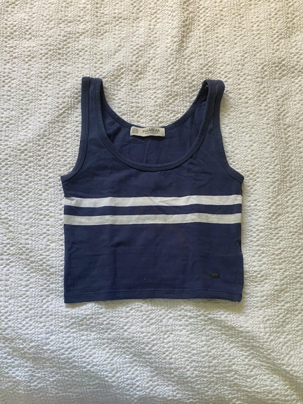 Pull & Bear Navy Blue & White Striped Cropped Fitted Tank Top - Size S